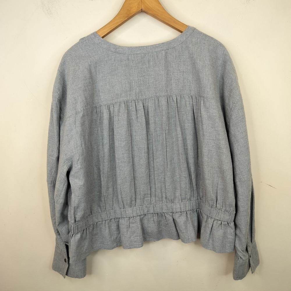 LOFT Blouse XXL Tie Front Balloon Sleeve Utility Casual Gray Cotton - Picture 8 of 11